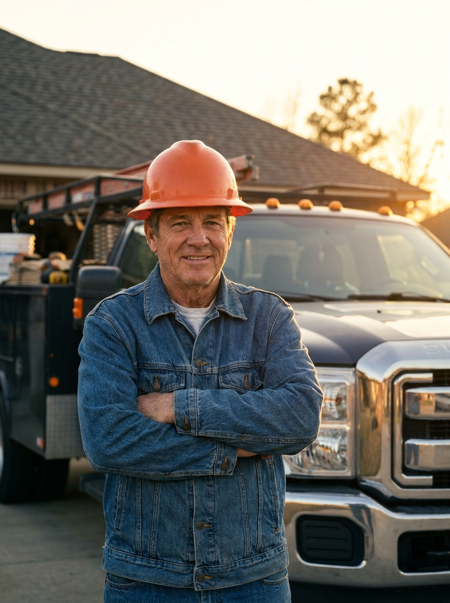 A proud trades owner in front of his work truck